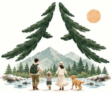 큰 소나무 두 그루 아래 계곡가를 걷는 가족과 강아지 — 숲테이 산책 대표 그림