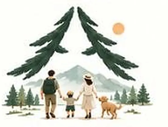 가족과 강아지가 손잡고 숲길을 걷는 그림