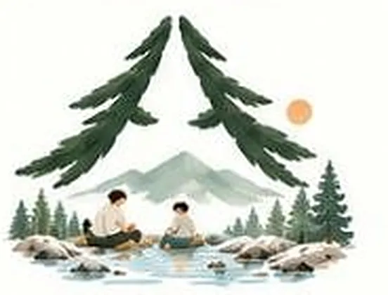 계곡 바위에 앉아 물놀이하는 가족 그림