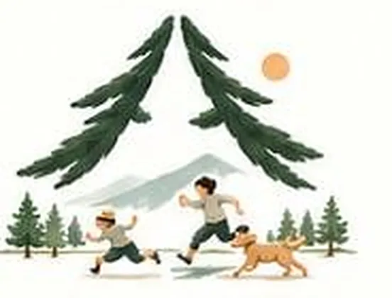 숲속 풀밭에서 아이들과 강아지가 뛰노는 그림
