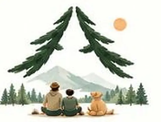 가족이 나란히 앉아 산을 바라보는 그림