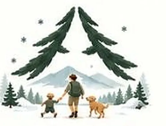 눈 내린 겨울 숲을 걷는 가족 그림